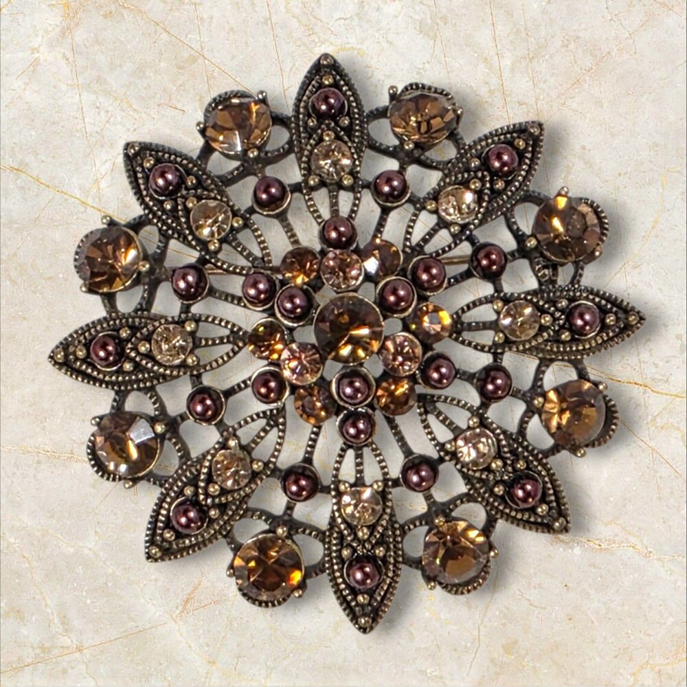 Vintage Liz Claiborne Brown Rhinestone Starburst Brooch Bronze Gold Floral Pin
